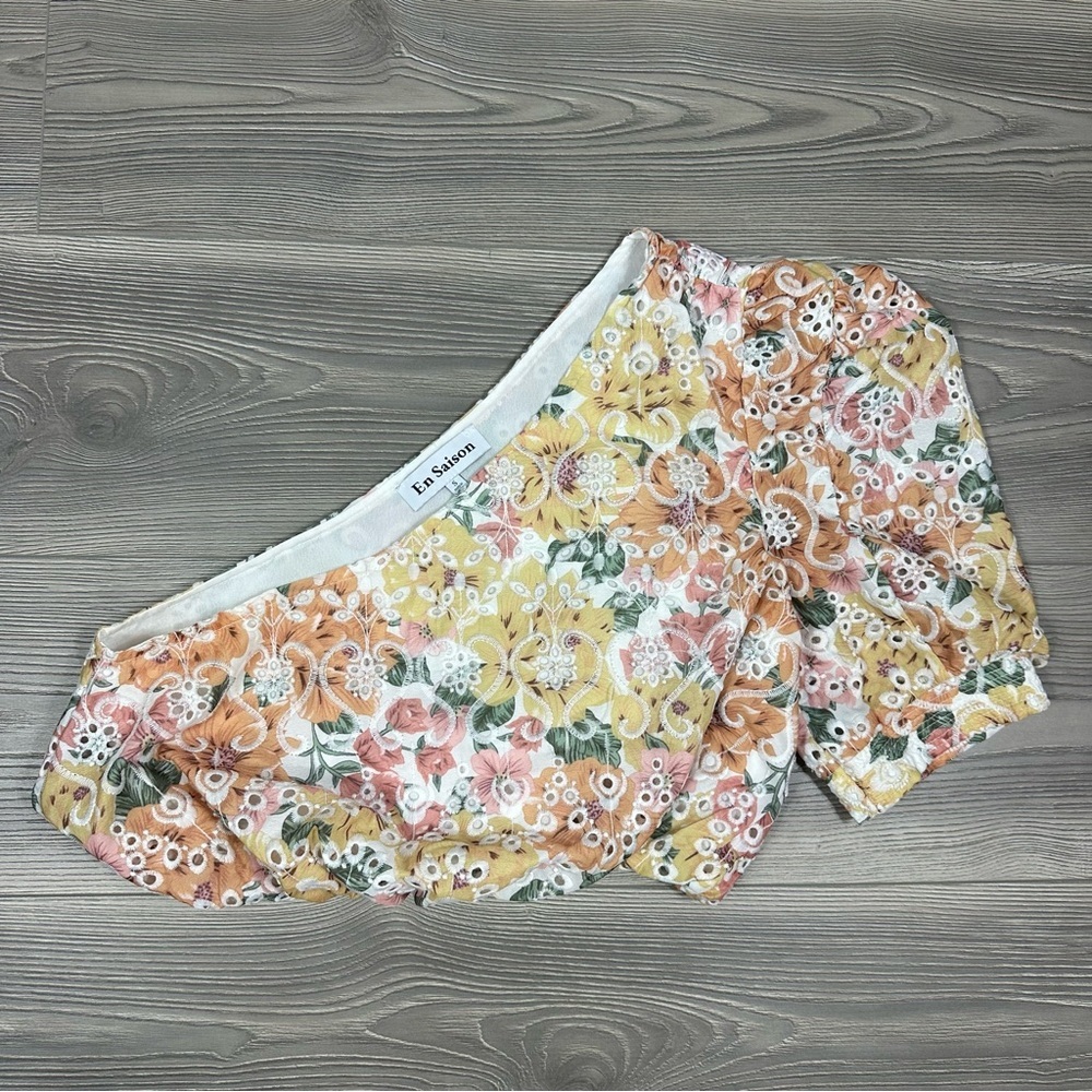En Saison Floral Eyelet One Shoulder Puff‎ Sleeve Top Size S